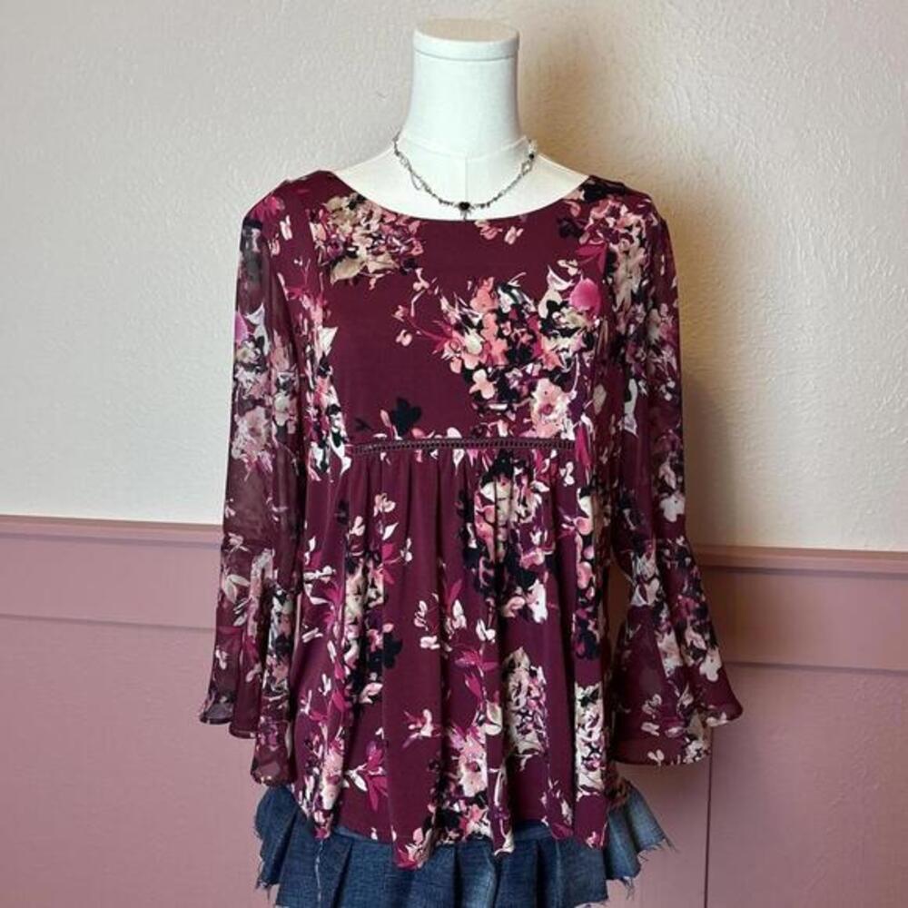 fairy cottage bell sleeve floral blouse sz small maroon boho chic garden party